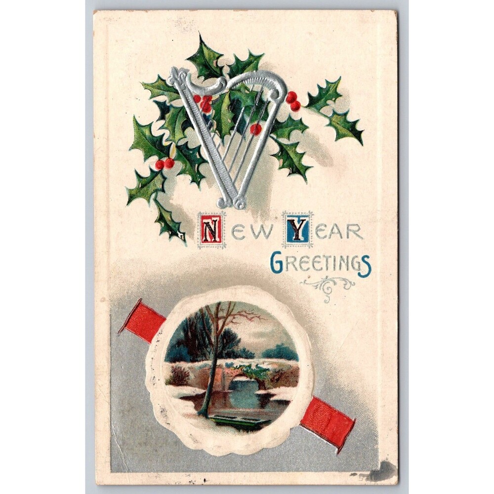 Postcard New Year Greetings Silver Harp Holly Embossed Posted Miami FL 1910?